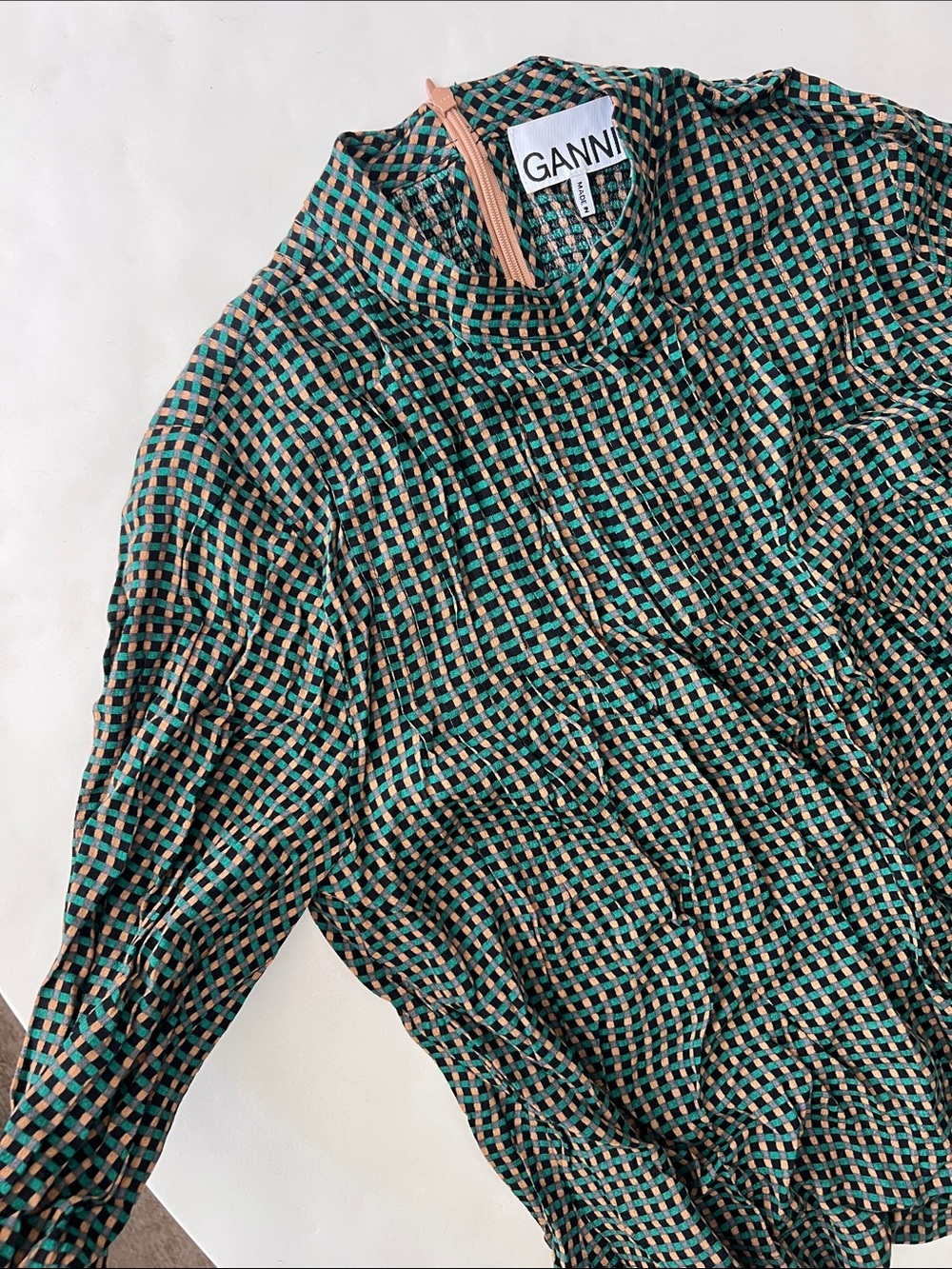 GANNI Checkered Green Tan Black Longsleeve Blouse 2/XS $215 - Picture 4 of 6